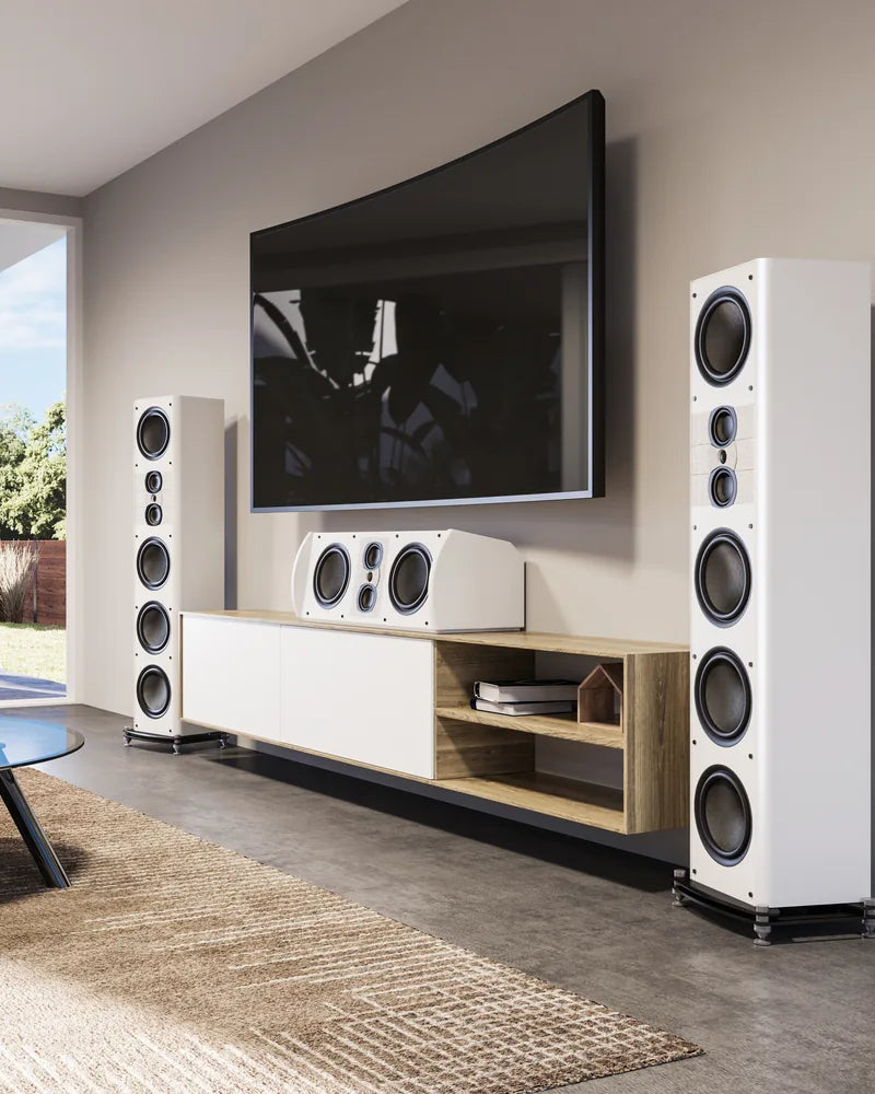 White speakers in a living room